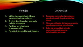 Ventajas
1. Utiliza intercambio de ideas y
experiencias innovadoras.
2. El nivel de eficiencia y acertado
trabajo en equipo
3. Facilitan las relaciones
interpersonales
4. Permite intercambiar actividades.
Desventajas
1. Personas con malas intenciones
pueden invadir la privacidad de
otros.
2. Si no es utilizada de forma correcta
puede convertirse en adicción.
3. Falta de privacidad, siendo
mostrada públicamente
información personal.
 