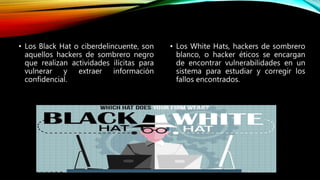 • Los White Hats, hackers de sombrero
blanco, o hacker éticos se encargan
de encontrar vulnerabilidades en un
sistema para estudiar y corregir los
fallos encontrados.
• Los Black Hat o ciberdelincuente, son
aquellos hackers de sombrero negro
que realizan actividades ilícitas para
vulnerar y extraer información
confidencial.
 