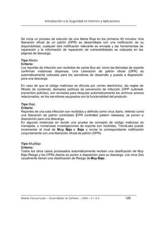 Introducción a la Seguridad en Internet y Aplicaciones
Modelo Paracurricular – Desarrollador de Software – 2004 – V.1.0.0 129
Se inicia un proceso de solución de una Alerta Roja en los primeros 45 minutos: Una
liberación oficial de un patrón (OPR) es desarrollada con una notificación de su
disponibilidad, cualquier otra notificación relevante es enviada y las herramientas de
reparación y la información de reparación de vulnerabilidades es colocada en las
páginas de descarga.
Tipo:Medio
Criterio:
Los reportes de infección son recibidos de varias Bus así como las llamadas de soporte
confirman instancias dispersas. Una Liberación de patrón oficial (OPR) es
automáticamente colocada para los servidores de desarrollo y puesta a disposición
para una descarga.
En caso de que el código malicioso se difunda por correo electrónico, las reglas de
filtrado de contenido, llamadas políticas de prevención de infección (OPP outbreak
prevention policies), son enviadas para bloquear automáticamente los archivos anexos
relacionados, en los servidores equipados con la funcionalidad del producto .
Tipo:Bajo
Criterio:
Reportes de una sola infección son recibidos y definido como virus diario, referido como
una liberación de patrón controlado (CPR controlled pattern releases), se ponen a
disposición para una descarga.
En algunas instancias en donde una prueba de concepto de código malicioso es
manejada, o numerosas investigaciones de soporte son recibidas, TrendLabs puede
incrementar el nivel de Muy Bajo a Bajo y enviar la correspondiente notificación
conjuntamente con una liberación oficial de patrón (OPR).
Tipo:MuyBajo
Criterio:
Todos los otros casos procesados automáticamente reciben una clasificación de Muy
Bajo Riesgo y los CPRs diarios se ponen a disposición para su descarga. Los virus Zoo
usualmente tienen una clasificación de Riesgo de Muy Bajo .
 