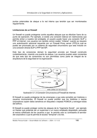 Introducción a la Seguridad en Internet y Aplicaciones
Modelo Paracurricular – Desarrollador de Software – 2004 – V.1.0.0 148
puntos potenciales de ataque a la red interna que tendrán que ser monitoreados
regularmente.
Limitaciones de un firewall
Un firewall no puede protegerse contra aquellos ataques que se efectúen fuera de su
punto de operación. Por ejemplo, si existe una conexión dial-out sin restricciones que
permita entrar a nuestra red protegida, el usuario puede hacer una conexión SLIP o
PPP al Internet. Los usuarios con sentido común suelen “irritarse” cuando se requiere
una autenticación adicional requerida por un Firewall Proxy server (FPS) lo cual se
puede ser provocado por un sistema de seguridad circunvecino que esta incluido en
una conexión directa SLIP o PPP del ISP.
Este tipo de conexiones derivan la seguridad provista por firewall construido
cuidadosamente, creando una puerta de ataque. Los usuarios pueden estar consientes
de que este tipo de conexiones no son permitidas como parte de integral de la
arquitectura de la seguridad en la organización.
Ilustración 5.1.3 Conexión Circunvecina al Firewall de Internet.
El firewall no puede protegerse de las amenazas a que esta sometido por traidores o
usuarios inconscientes. El firewall no puede prohibir que los traidores o espías
corporativos copien datos sensitivos en disquetes o tarjetas PCMCIA y extraigan estas
del edificio.
El firewall no puede proteger contra los ataques de la “Ingeniería Social”, por ejemplo
un Hacker que pretende ser un supervisor o un nuevo empleado despistado, persuade
al menos sofisticado de los usuarios a que le permita usar su contraseña al servidor
del corporativo o que le permita el acceso “temporal” a la red.
 