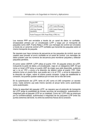Introducción a la Seguridad en Internet y Aplicaciones
227
Modelo Paracurricular – Desarrollador de Software – 2004 – V.1.0.0.
Los marcos PPP son enviados a través de un canal de datos no confiable,
encapsulado primero por un encabezado L2TP y luego por un transporte de
paquetes como UDP, Frame Relay o ATM. Los mensajes de control son enviados
a través de un canal de control L2TP confiable que transmite los paquetes sobre el
mismo transporte de paquete.
Se requiere que haya números de secuencia en los paquetes de control, que son
usados para proveer el envío confiable en el canal de control. Los mensajes de
datos pueden usar los números de secuencia para reordenar paquetes y detectar
paquetes perdidos.
Al correr sobre UDP/IP, L2TP utiliza el puerto 1701. El paquete entero de L2TP,
incluyendo la parte de datos y el encabezado, viaja en un datagrama UDP. El que
inicia un túnel L2TP toma un puerto UDP de origen que esté disponible, pudiendo
ser o no el 1701 y envía a la dirección de destino sobre el puerto 1701. Este
extremo toma un puerto libre, que puede ser o no el 1701, y envía la respuesta a
la dirección de origen, sobre el mismo puerto iniciador. Luego de establecida la
conexión, los puertos quedan estáticos por el resto de la vida del túnel.
En la autenticación de L2TP, tanto el LAC como el LNS comparten un secreto
único. Cada extremo usa este mismo secreto al actuar tanto como autenticado
como autenticador.
Sobre la seguridad del paquete L2TP, se requiere que el protocolo de transporte
de L2TP tenga la posibilidad de brindar servicios de encriptación, autenticación e
integridad para el paquete L2TP en su totalidad. Como tal, L2TP sólo se preocupa
por la confidencialidad, autenticidad e integridad de los paquetes L2TP entre los
puntos extremos del túnel, no entre los extremos físicos de la conexión.
 