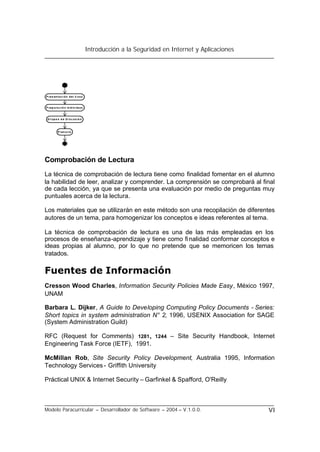 Introducción a la Seguridad en Internet y Aplicaciones
Modelo Paracurricular – Desarrollador de Software – 2004 – V.1.0.0. VI
Comprobación de Lectura
La técnica de comprobación de lectura tiene como finalidad fomentar en el alumno
la habilidad de leer, analizar y comprender. La comprensión se comprobará al final
de cada lección, ya que se presenta una evaluación por medio de preguntas muy
puntuales acerca de la lectura.
Los materiales que se utilizarán en este método son una recopilación de diferentes
autores de un tema, para homogenizar los conceptos e ideas referentes al tema.
La técnica de comprobación de lectura es una de las más empleadas en los
procesos de enseñanza-aprendizaje y tiene como finalidad conformar conceptos e
ideas propias al alumno, por lo que no pretende que se memoricen los temas
tratados.
Fuentes de Información
Cresson Wood Charles, Information Security Policies Made Easy, México 1997,
UNAM
Barbara L. Dijker, A Guide to Developing Computing Policy Documents - Series:
Short topics in system administration N° 2, 1996, USENIX Association for SAGE
(System Administration Guild)
RFC (Request for Comments) 1281, 1244 – Site Security Handbook, Internet
Engineering Task Force (IETF), 1991.
McMillan Rob, Site Security Policy Development, Australia 1995, Information
Technology Services - Griffith University
Práctical UNIX & Internet Security – Garfinkel & Spafford, O'Reilly
 