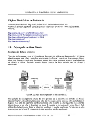 Introducción a la Seguridad en Internet y Aplicaciones
Modelo Paracurricular – Desarrollador de Software – 2004 – V.1.0.0 67
Páginas Electrónicas de Referencia
Anónimo; Linux Máxima Seguridad; Madrid 2000, Pearson Educación, S.A.
Garfimkel, Simson; Spafford, Gene; Seguridad y comercio en el web; 1999, McGrawHill &
O'Reilly.
http://world.std.com/~cme/html/timeline.html
http://cwis.kub.nl/~frw/people/koops/lawsurvy.htm
http://www.gilc.org/crypto/crypto-survey.html.
http://www.oecd.org/
http://www.wassenaar.org/
2.2. Criptografía de Llave Pivada.
Encriptación de llave simétrica
También se le conoce como encriptación de llave secreta, utiliza una llave común y el mismo
algoritmo para para cifrar y descifrar un mensaje. La figura 1 muestra a dos usuarios, Bob y
Alice, que desean comunicarse de manera segura. Ambos se ponen de acuerdo en el algoritmo
de cifrado a utilizar. También ambos deben conocer la llave secreta para el cifrado y
descifrado.
Figura1. Ejemplo de encriptación de llave simétrica.
Un ejemplo de un algoritmo simple de llave privada es el algoritmo de cifrado de César
(Caesar Cipher), el cual remplaza cada letra del mensaje original con una letra del alfabeto n
lugares más allá. El algoritmo cambia las letras a la derecha o a la izquierda dependiendo
(dependiendo si se cifra o descifra). La figura 2 muestra la comunicación entre Alice y Bob
utilizando el algoritmo de Cesar y utilizando una llave, n, igual a tres letras. Por ejemplo la letra
A se cambia por la letra D. Los pasos de este algoritmo son los siguientes:
 