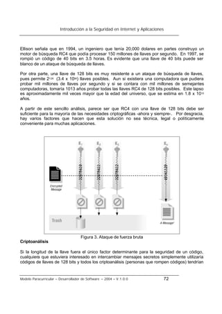 Introducción a la Seguridad en Internet y Aplicaciones
Modelo Paracurricular – Desarrollador de Software – 2004 – V.1.0.0 72
Ellison señala que en 1994, un ingeniero que tenía 20,000 dolares en partes construyo un
motor de búsqueda RC4 que podía procesar 150 millones de llaves por segundo. En 1997, se
rompió un código de 40 bits en 3.5 horas. Es evidente que una llave de 40 bits puede ser
blanco de un ataque de búsqueda de llaves.
Por otra parte, una llave de 128 bits es muy resistente a un ataque de búsqueda de llaves,
pues permite 2128 (3.4 x 1038) llaves posibles. Aun si existiera una computadora que pudiera
probar mil millones de llaves por segundo y si se contara con mil millones de semejantes
computadoras, tomaría 1013 años probar todas las llaves RC4 de 128 bits posibles. Este lapso
es aproximadamente mil veces mayor que la edad del universo, que se estima en 1.8 x 1010
años.
A partir de este sencillo análisis, parece ser que RC4 con una llave de 128 bits debe ser
suficiente para la mayoría de las necesidades criptográficas -ahora y siempre-. Por desgracia,
hay varios factores que hacen que esta solución no sea técnica, legal o políticamente
conveniente para muchas aplicaciones.
Figura 3. Ataque de fuerza bruta
Criptoanálisis
Si la longitud de la llave fuera el único factor determinante para la seguridad de un código,
cualquiera que estuviera interesado en intercambiar mensajes secretos simplemente utilizaría
códigos de llaves de 128 bits y todos los criptoanálisis (personas que rompen códigos) tendrían
 