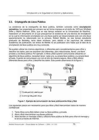 Introducción a la Seguridad en Internet y Aplicaciones
Modelo Paracurricular – Desarrollador de Software – 2004 – V.1.0.0 75
2.3. Criptografía de Llave Pública
La existencia de la criptografía de llave publica, también conocida como encriptación
asimétrica, fue presentada por primera vez en forma impresa en el otoño de 1975 por Whitfield
Diffie y Martin Hellman. Ellos, que en ese tiempo estaban en la Universidad de Stanford,
redactaron un documento en el que presuponían la existencia de una técnica de encriptación
en la cual la información encriptada con una llave podría ser desencriptada solo con otra llave
aparentemente no relacionada con la primera. Robert Merkle, es ese tiempo estudiante
graduado de Berkeley, tenia ideas similares, pero debido a los caprichos del sistema
académico de publicación, los textos de Merkle no se publicaron sino hasta que la idea de la
encriptación de llave publica era muy conocida.
Se pueden utilizar los mismos algoritmos, o diferentes pero complementarios para cifrar y
descifrar los datos, pero se requieren dos diferentes, pero relacionadas, llaves: una llave
privada y una llave pública. Por ejemplo, si Alice y Bob quieren comunicarse utilizando un
algoritmo de llave pública, necesitan tener, cada uno, su propia llave pública y su propia llave
privada. Cuando se comuniquen uno con el otro de manera segura, Alice y Bob utilizan
diferentes llaves para cifrar y descifrar los datos. Esto puede observarse en la figura 1.
Los siguientes pasos son necesarios para que Alice y Bob intercambien datos de manera
confidencial:
1. Tanto Alice como Bob deben crear su llave pública y privada.
2. Alice y Bob intercambian sus llaves públicas.
3. Alice escribe un mensaje a Bob y utiliza la llave pública de Bob para cifrar el mensaje y
lo envía a través de Internet.
 