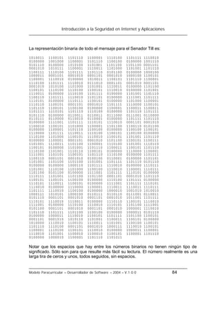 Introducción a la Seguridad en Internet y Aplicaciones
Modelo Paracurricular – Desarrollador de Software – 2004 – V.1.0.0 84
La representación binaria de todo el mensaje para el Senador Till es:
1010011 1100101 1101110 1100001 1110100 1101111 1110010
0100000 1001000 1100001 1101110 1100100 0100000 1001110
0101110 0100000 1010100 1101001 1101100 1101100 0001101
0001010 1010111 1100001 1110011 1101000 1101001 1101110
1100111 1110100 1101111 1101110 0101100 0100000 1000100
1000011 0001101 0001010 0001101 0001010 1000100 1100101
1100001 1110010 0100000 1010011 1100101 1101110 1100001
1110100 1101111 1110010 0111010 0001101 0001010 0001101
0001010 1010100 1101000 1101001 1110011 0100000 1101100
1100101 1110100 1110100 1100101 1110010 0100000 1101001
1110011 0100000 1110100 1101111 0100000 1101001 1101110
1100110 1101111 1110010 1101101 0100000 1111001 1101111
1110101 0100000 1110111 1100101 0100000 1101000 1100001
1110110 1100101 0001101 0001010 1101111 1110000 1100101
1101110 1100101 1100100 0100000 1100001 1100011 1100011
1101111 1110101 1101110 1110100 0100000 1101110 1101111
0101110 0100000 0110011 0110011 0111000 0111001 0110000
0110111 0110000 0110010 0110001 0100000 1101111 1101110
0100000 1111001 1101111 1110101 1110010 0001101 0001010
1100010 1100101 1101000 1100001 1101100 1100110 0101100
0100000 1100001 1101110 1100100 0100000 1100100 1100101
1110000 1101111 1110011 1110100 1100101 1100100 0100000
1110100 1101000 1100101 1110010 1100101 1101001 1101110
0100000 1100001 0001101 0001010 1101100 1100101 1100111
1101001 1110011 1101100 1100001 1110100 1101001 1110110
1100101 0100000 1101001 1101110 1100011 1100101 1101110
1110100 1101001 1110110 1100101 0100000 1110000 1100001
1111001 1101101 1100101 1101110 1110100 0100000 1101111
1100110 0001101 0001010 0100100 0110001 0100000 1101101
1101001 1101100 1101100 1101001 1101111 1101110 0101110
0100000 0100000 1000110 1101111 1110010 0100000 1110111
1101001 1110100 1101000 1100100 1110010 1100001 1110111
1101100 0101100 0100000 1111001 1101111 1110101 0100000
1110111 1101001 1101100 1101100 0001101 0001010 1101110
1100101 1100101 1100100 0100000 1110100 1101111 0100000
1110101 1110011 1100101 0100000 1111001 1101111 1110101
1110010 0100000 1110000 1100001 1110011 1110011 1110111
1101111 1110010 1100100 0100000 1000010 1001010 1010010
1000111 1010101 1000100 0110111 0110110 0111001 0110011
0101110 0001101 0001010 0001101 0001010 1011001 1101111
1110101 1110010 1110011 0100000 1110110 1100101 1110010
1111001 0100000 1110100 1110010 1110101 1101100 1111001
0101100 0001101 0001010 0001101 0001010 1000001 1110010
1101110 1101111 1101100 1100100 0100000 1000011 0101110
0100000 1000011 1110010 1100101 1101111 1101100 1100101
0001101 0001010 1010110 1101001 1100011 1100101 0100000
1010000 1110010 1100101 1110011 1101001 1100100 1100101
1101110 1110100 0001101 0001010 1000111 1110010 1100101
1100001 1110100 1100101 1110010 0100000 1000011 1100001
1110010 1101001 1100010 1100010 1100101 1100001 1101110
0100000 1000010 1100001 1101110 1101011
Notar que los espacios que hay entre los números binarios no tienen ningún tipo de
significado. Sólo son para que resulte más fácil su lectura. El número realmente es una
larga tira de ceros y unos, todos seguidos, sin espacios.
 