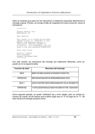 Introducción a la Seguridad en Internet y Aplicaciones
Modelo Paracurricular – Desarrollador de Software – 2004 – V.1.0.0 86
Claro se mostrará que pasa con los resúmenes si realizamos pequeñas alteraciones al
mensaje original. Primero, se corrige el fallo de ortografía.Con esta corrección, ahora el
mensaje es:
**********
Senator Hand N. Till
Washington, DC
Dear Senator:
This letter is to inform you we have
opened account no. 338907021 on your
behalf, and deposted therein a
legislative incentive payment of
$1 million. For withdrawal, you will
need to use your password BJRGUD7693.
Yours very truly,
Arnold C. Creole
Vice President
Greater Caribbean Bank
**********
Con este cambio, los resúmenes del mensaje son totalmente diferentes, como se
puede ver en la siguiente tabla:
Función de hash Resumen del mensaje
MD5 8BDF43C9BC320AE8 874E9EED73DDCF55
RIPEM128 5BF83DAE28ACBF49 BD9EDB6D26DE1EE9
SHA-1 22257C5870B7CB00 E6B5AABA45913C24 DEAB6F7D
RIPEM160 713FE23D55F95ACD B5D744C0B616774B 1DDAA4E7
Como segundo ejemplo, se queda "withdrawl" tal y como estaba, pero se cambia en
número de cuenta, de tal manera que el último dígito sea un "2" en lugar de un "1". De
esta manera el mensaje quedaría como:
 