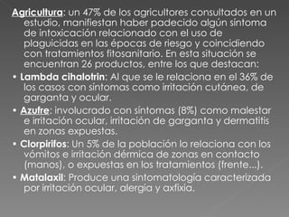 Agricultura : un 47% de los agricultores consultados en un estudio, manifiestan haber padecido algún síntoma de intoxicación relacionado con el uso de plaguicidas en las épocas de riesgo y coincidiendo con tratamientos fitosanitario. En esta situación se encuentran 26 productos, entre los que destacan:   •  Lambda cihalotrin : Al que se le relaciona en el 36% de los casos con síntomas como irritación cutánea, de garganta y ocular.  •  Azufre : involucrado con síntomas (8%) como malestar e irritación ocular, irritación de garganta y dermatitis en zonas expuestas.  •  Clorpirifos : Un 5% de la población lo relaciona con los vómitos e irritación dérmica de zonas en contacto (manos), o expuestas en los tratamientos (frente...).  •  Matalaxil : Produce una sintomatología caracterizada por irritación ocular, alergia y axfixia.  
