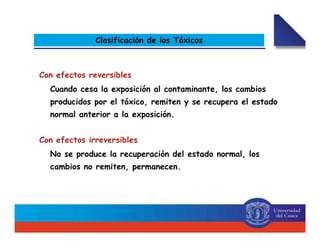 Clasificación de los Tóxicos
Con efectos reversibles
Cuando cesa la exposición al contaminante, los cambios
producidos por el tóxico, remiten y se recupera el estado
normal anterior a la exposición.
Con efectos irreversibles
No se produce la recuperación del estado normal, los
cambios no remiten, permanecen.
 