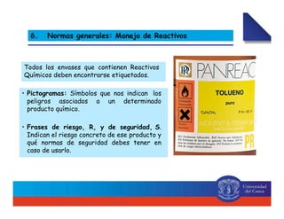 Todos los envases que contienen Reactivos
Químicos deben encontrarse etiquetados.
• Pictogramas: Símbolos que nos indican los
peligros asociados a un determinado
producto químico.
• Frases de riesgo, R, y de seguridad, S.
Indican el riesgo concreto de ese producto y
qué normas de seguridad debes tener en
caso de usarlo.
6. Normas generales: Manejo de Reactivos
 