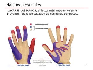 LAVARSE LAS MANOS, el factor más importante en la
prevención de la propagación de gérmenes peligrosos.
13
Hábitos personales
 