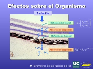 Efectos sobre el Organismo Radiación Reflexión de Fresnel Reflexión de Fresnel Absorción y dispersión Absorción y dispersión    Parámetros de las fuentes de luz 