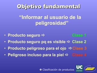 Objetivo fundamental “ Informar al usuario de la peligrosidad” Producto seguro   Clase 1 Producto seguro pq es visible   Clase 2 Producto peligroso para el ojo   Clase 3 Peligroso incluso para la piel   Clase 4    Clasificación de productos 