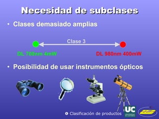 Necesidad de subclases Clases demasiado amplias Posibilidad de usar instrumentos ópticos DL 700nm 4mW DL 980nm 400mW Clase 3    Clasificación de productos 