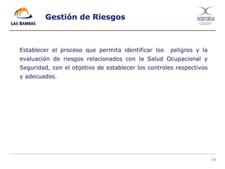 18
Gestión de Riesgos
Establecer el proceso que permita identificar los peligros y la
evaluación de riesgos relacionados con la Salud Ocupacional y
Seguridad, con el objetivo de establecer los controles respectivos
y adecuados.
 