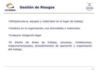 20
Gestión de Riesgos
Infraestructura, equipos y materiales en el lugar de trabajo.
Cambios en la organización, sus actividades o materiales.
Cualquier obligación legal.
El diseño de áreas de trabajo, procesos, instalaciones,
maquinaria/equipos, procedimientos de operación y organización
del trabajo.
 