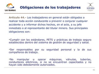 42
Obligaciones de los trabajadores
Artículo 44.- Los trabajadores en general están obligados a
realizar toda acción conducente a prevenir o conjurar cualquier
accidente y a informar dichos hechos, en el acto, a su jefe
inmediato o al representante del titular minero. Sus principales
obligaciones son:
Cumplir con los estándares, PETS y prácticas de trabajo seguro
establecidos dentro del sistema de gestión de seguridad y salud.
Ser responsables por su seguridad personal y la de sus
compañeros de trabajo.
No manipular u operar máquinas, válvulas, tuberías,
conductores eléctricos, si no se encuentran capacitados y no
hayan sido debidamente autorizados.
 