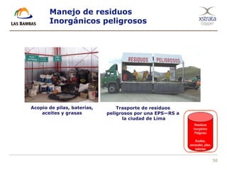 50
Manejo de residuos
Inorgánicos peligrosos
Acopio de pilas, baterías,
aceites y grasas
Trasporte de residuos
peligrosos por una EPS—RS a
la ciudad de Lima
 