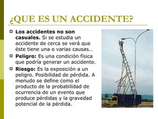 ¿QUE ES UN ACCIDENTE? Los accidentes no son  c a sua les.  Si se estudia un accidente de cerca se verá que éste tiene una o varias causas… Peligro:  Es una condición física que podría generar un accidente. Riesgo:  Es la exposición a un peligro. Posibilidad de pérdida. A menudo se define como el producto de la probabilidad de ocurrencia de un evento que produce pérdidas y la gravedad potencial de la pérdida. 