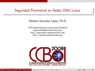Seguridad Perimetral en Redes GNU/Linux

                                     Esteban Saavedra L´pez, Ph.D
                                                       o

                                    CEO Opentelematics Internacional Bolivia
                                        jesaavedra@opentelematics.org
                                     http://jesaavedra.opentelematics.org
                                       http://esteban.profesionales.org




Esteban Saavedra L´pez, Ph.D (Opentelematics)
                  o                       Seguridad Perimetral en Redes GNU/Linux   Oct. 2008   1 / 46
 