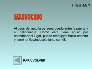 Al bajar del auto la persona queda entre la puerta y el delincuente. Como éste tiene apuro por abandonar el lugar, puede empujarla hacia adentro y terminar llevándosela junto con él.  FIGURA 1 PARA VOLVER EQUIVOCADO 