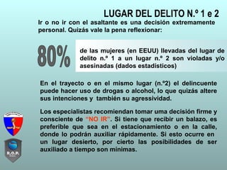 LUGAR DEL DELITO N.º 1 e 2
Ir o no ir con el asaltante es una decisión extremamente
personal. Quizás vale la pena reflexionar:
de las mujeres (en EEUU) llevadas del lugar de
delito n.º 1 a un lugar n.º 2 son violadas y/o
asesinadas (dados estadísticos)
Los especialistas recomiendan tomar uma decisión firme y
consciente de “NO IR”. Si tiene que recibir un balazo, es
preferible que sea en el estacionamiento o en la calle,
donde lo podrán auxiliar rápidamente. Si esto ocurre en
un lugar desierto, por cierto las posibilidades de ser
auxiliado a tiempo son mínimas.
En el trayecto o en el mismo lugar (n.º2) el delincuente
puede hacer uso de drogas o alcohol, lo que quizás altere
sus intenciones y también su agressividad.
 