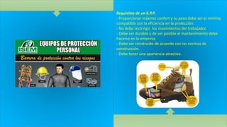 Requisitos de un E.P.P.
- Proporcionar máximo confort y su peso debe ser el mínimo
compatible con la eficiencia en la protección.
- No debe restringir los movimientos del trabajador.
- Debe ser durable y de ser posible el mantenimiento debe
hacerse en la empresa.
- Debe ser construido de acuerdo con las normas de
construcción.
- Debe tener una apariencia atractiva.
 