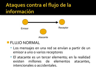  FLUJO NORMAL
 Los mensajes en una red se envían a partir de un
emisor a uno o varios receptores
 El atacante es un tercer elemento; en la realidad
existen millones de elementos atacantes,
intencionales o accidentales.
Emisor Receptor
Atacante
 