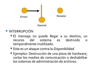  INTERRUPCIÓN
El mensaje no puede llegar a su destino, un
recurso del sistema es destruido o
temporalmente inutilizado.
Este es un ataque contra la Disponibilidad
Ejemplos: Destrucción de una pieza de hardware,
cortar los medios de comunicación o deshabilitar
los sistemas de administración de archivos.
Emisor Receptor
Atacante
 