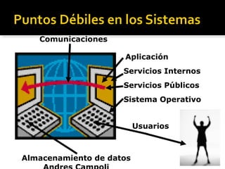 Comunicaciones
Almacenamiento de datos
Sistema Operativo
Servicios Públicos
Aplicación
Usuarios
Servicios Internos
 