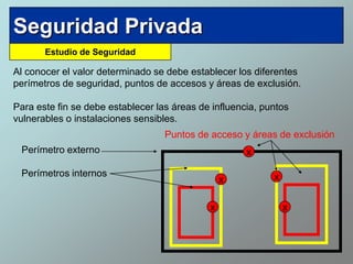 Seguridad Privada
       Estudio de Seguridad

Al conocer el valor determinado se debe establecer los diferentes
perímetros de seguridad, puntos de accesos y áreas de exclusión.

Para este fin se debe establecer las áreas de influencia, puntos
vulnerables o instalaciones sensibles.
                                   Puntos de acceso y áreas de exclusión
 Perímetro externo                                    x

 Perímetros internos                                        x
                                                 x

                                             x                  x
 