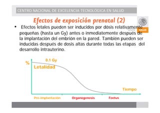CENTRO NACIONAL DE EXCELENCIA TECNOLÓGICA EN SALUD 
Efectos de exposición prenatal (2) 
• Efectos letales pueden ser inducidos por dósis relativamente 
pequeñas (hasta un Gy) antes o inmediatemente después de 
la implantación del embrión en la pared. También pueden ser 
inducidas después de dosis altas durante todas las etapas del 
desarrollo intrauterino. 
Tiempo 
% 
0.1 Gy 
Letalidad 
Pre-implantación Organogenesis Foetus 
 