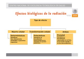 CENTRO NACIONAL DE EXCELENCIA TECNOLÓGICA EN SALUD 
Efectos biológicos de la radiación 
Muerte celular 
Determinísticos 
Somáticos 
Son clínicamente 
atribuibles a pacientes 
expuestos 
Estocásticos 
Somáticos & 
hereditarios 
Epidemiológicamente 
atribuibles en grandes 
poblaciones 
Ambas 
Prenatal 
Somáticos y 
hereditarios 
expresados en el feto, 
en el recién nacido o 
en los descendientes. 
Tipo de efecto 
Transformación celular 
 