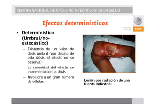CENTRO NACIONAL DE EXCELENCIA TECNOLÓGICA EN SALUD 
Efectos determinísticos 
• Determinístico 
(Umbral/no-estocástico) 
– Existencia de un valor de 
dósis umbral (por debajo de 
esta dósis, el efecto no se 
observa) 
– La severidad del efecto se 
incrementa con la dósis 
– Involucra a un gran número 
de células Lesión por radiación de una 
fuente industrial 
 