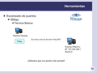 Herramientas


Escáneado de puertos:
  NMap:
     Técnica Básica:



    Nuestro Sistema
                         Si no hay servicio devuelve Flag RST
        NMap

                                                                Sistema Objetivo
                                                                IP: 192.168.100.1
                                                                Puerto 8



                      ¡Sabemos que ese puerto está cerrado!


                                                                                    54
 