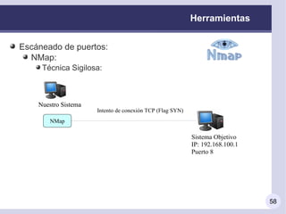 Herramientas


Escáneado de puertos:
  NMap:
     Técnica Sigilosa:



    Nuestro Sistema
                      Intento de conexión TCP (Flag SYN)
        NMap

                                                           Sistema Objetivo
                                                           IP: 192.168.100.1
                                                           Puerto 8




                                                                               58
 