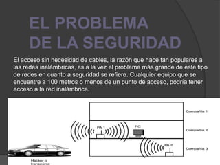 EL PROBLEMADE LA SEGURIDADEl acceso sin necesidad de cables, la razón que hace tan populares a las redes inalámbricas, es a la vez el problema más grande de este tipo de redes en cuanto a seguridad se refiere. Cualquier equipo que se encuentre a 100 metros o menos de un punto de acceso, podría tener acceso a la red inalámbrica.