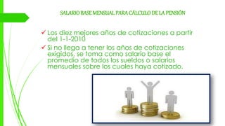 SALARIOBASE MENSUAL PARACÁLCULODE LA PENSIÓN
 Los diez mejores años de cotizaciones a partir
del 1-1-2010
 Si no llega a tener los años de cotizaciones
exigidos, se toma como salario base el
promedio de todos los sueldos o salarios
mensuales sobre los cuales haya cotizado.
 