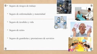 • Seguro de riesgos de trabajo
• Seguro de enfermedades y maternidad
• Seguro de invalidez y vida
• Seguro de retiro
• Seguro de guarderías y prestaciones de servicios
 