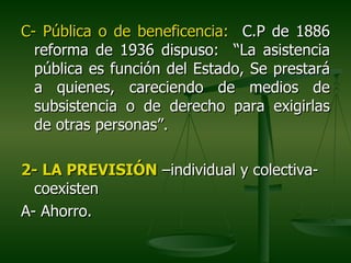 C- Pública o de beneficencia: C.P de 1886
  reforma de 1936 dispuso: “La asistencia
  pública es función del Estado, Se prestará
  a quienes, careciendo de medios de
  subsistencia o de derecho para exigirlas
  de otras personas”.

2- LA PREVISIÓN –individual y colectiva-
  coexisten
A- Ahorro.
 