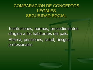 COMPARACION DE CONCEPTOS
          LEGALES
      SEGURIDAD SOCIAL


Instituciones, normas, procedimientos
dirigida a los habitantes del país.
Abarca, pensiones, salud, riesgos
profesionales
 