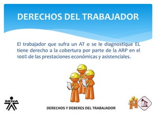 DERECHOS DEL TRABAJADOR
DERECHOS Y DEBERES DEL TRABAJADOR
El trabajador que sufra un AT o se le diagnostique EL
tiene derecho a la cobertura por parte de la ARP en el
100% de las prestaciones económicas y asistenciales.
 