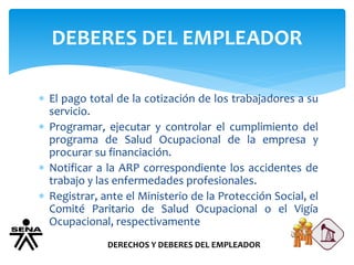 DEBERES DEL EMPLEADOR
DERECHOS Y DEBERES DEL EMPLEADOR
 El pago total de la cotización de los trabajadores a su
servicio.
 Programar, ejecutar y controlar el cumplimiento del
programa de Salud Ocupacional de la empresa y
procurar su financiación.
 Notificar a la ARP correspondiente los accidentes de
trabajo y las enfermedades profesionales.
 Registrar, ante el Ministerio de la Protección Social, el
Comité Paritario de Salud Ocupacional o el Vigía
Ocupacional, respectivamente
 