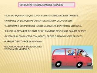 CONDUCTAS INADECUADAS DEL PASAJERO
*SUBIR O BAJAR ANTES QUE EL VEHICULO SE SETENGA CORRECTAMENTE.
*APOYARSE EN LAS PUERTAS DURANTE LA MARCHA DEL VEHICULO.
•ALBOROTAR Y COMPORTARSE INADECUADAMENTE DENTRO DEL VEHICULO.
•CRUZAR LA PISTA POR DELANTE DE UN OMNIBUS DESPUES DE BAJARSE DE ESTE.
•DISTRAER AL CONDUCTOR CON JUEGOS, GRITOS O MOVIMIENTOS BRUSCOS.
•ARROJAR OBJETOS POR LA VENTANA
•SACAR LA CABEZA Y BRAZOS POR LA
VENTANA DEL VEHICULO.
 