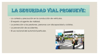 ◦ La cortesía y precaución en la conducción de vehículos.
◦ El respeto al agente de vialidad.
◦ La protección a los peatones, personas con discapacidad y ciclistas.
◦ La prevención de accidentes.
◦ El uso racional del automóvil particular.
 