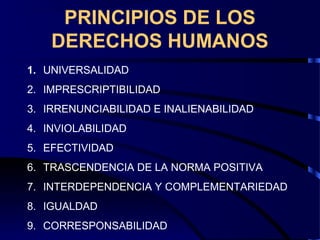PRINCIPIOS DE LOS
DERECHOS HUMANOS
1. UNIVERSALIDAD
2. IMPRESCRIPTIBILIDAD
3. IRRENUNCIABILIDAD E INALIENABILIDAD
4. INVIOLABILIDAD
5. EFECTIVIDAD
6. TRASCENDENCIA DE LA NORMA POSITIVA
7. INTERDEPENDENCIA Y COMPLEMENTARIEDAD
8. IGUALDAD
9. CORRESPONSABILIDAD
 