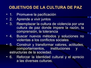 OBJETIVOS DE LA CULTURA DE PAZ
• 1.1. Promueve la pacificaciónla pacificación
• 2.2. Aprende a vivir juntosAprende a vivir juntos
• 3.3. Reemplazar la cultura de violencia por unaReemplazar la cultura de violencia por una
cultura de paz donde impere la razón, lacultura de paz donde impere la razón, la
comprensión, la toleranciacomprensión, la tolerancia
• 4.4. Buscar nuevos métodos y soluciones noBuscar nuevos métodos y soluciones no
violentas a los conflictos socialesviolentas a los conflictos sociales
• 5.5. Construir y transformar valores, actitudes,Construir y transformar valores, actitudes,
comportamientos, instituciones ycomportamientos, instituciones y
estructuras de la sociedad.estructuras de la sociedad.
• 6.6. RReforzar la Identidad cultural y el aprecioeforzar la Identidad cultural y el aprecio
a las diversas culturas.a las diversas culturas.
 