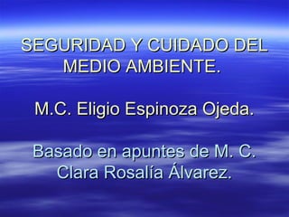 SEGURIDAD Y CUIDADO DEL
   MEDIO AMBIENTE.

 M.C. Eligio Espinoza Ojeda.

 Basado en apuntes de M. C.
   Clara Rosalía Álvarez.
 