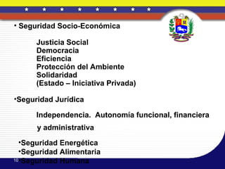 • Seguridad Socio-Económica

      Justicia Social
      Democracia
      Eficiencia
      Protección del Ambiente
      Solidaridad
      (Estado – Iniciativa Privada)

•Seguridad Jurídica

      Independencia. Autonomía funcional, financiera
      y administrativa
  •Seguridad Energética
  •Seguridad Alimentaria
10•Seguridad Humana
 