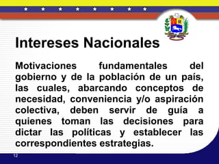 Intereses Nacionales
Motivaciones      fundamentales    del
gobierno y de la población de un país,
las cuales, abarcando conceptos de
necesidad, conveniencia y/o aspiración
colectiva, deben servir de guía a
quienes toman las decisiones para
dictar las políticas y establecer las
correspondientes estrategias.
12
 